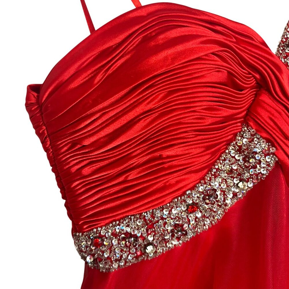 Red Satin & Tulle One-Shoulder Dress W/ Rhinestone Strap & Ruched Bodice Short S - Picture 8 of 12
